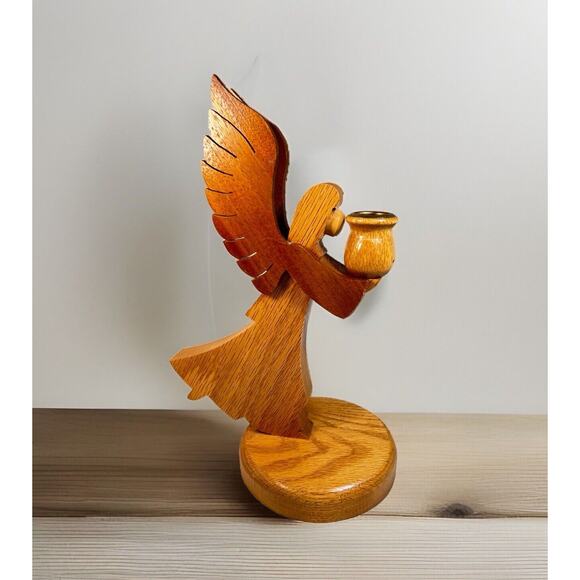 Wooden Hand Crafted Taper Candle Holder Angel Christmas 11" Two Toned - Picture 1 of 7